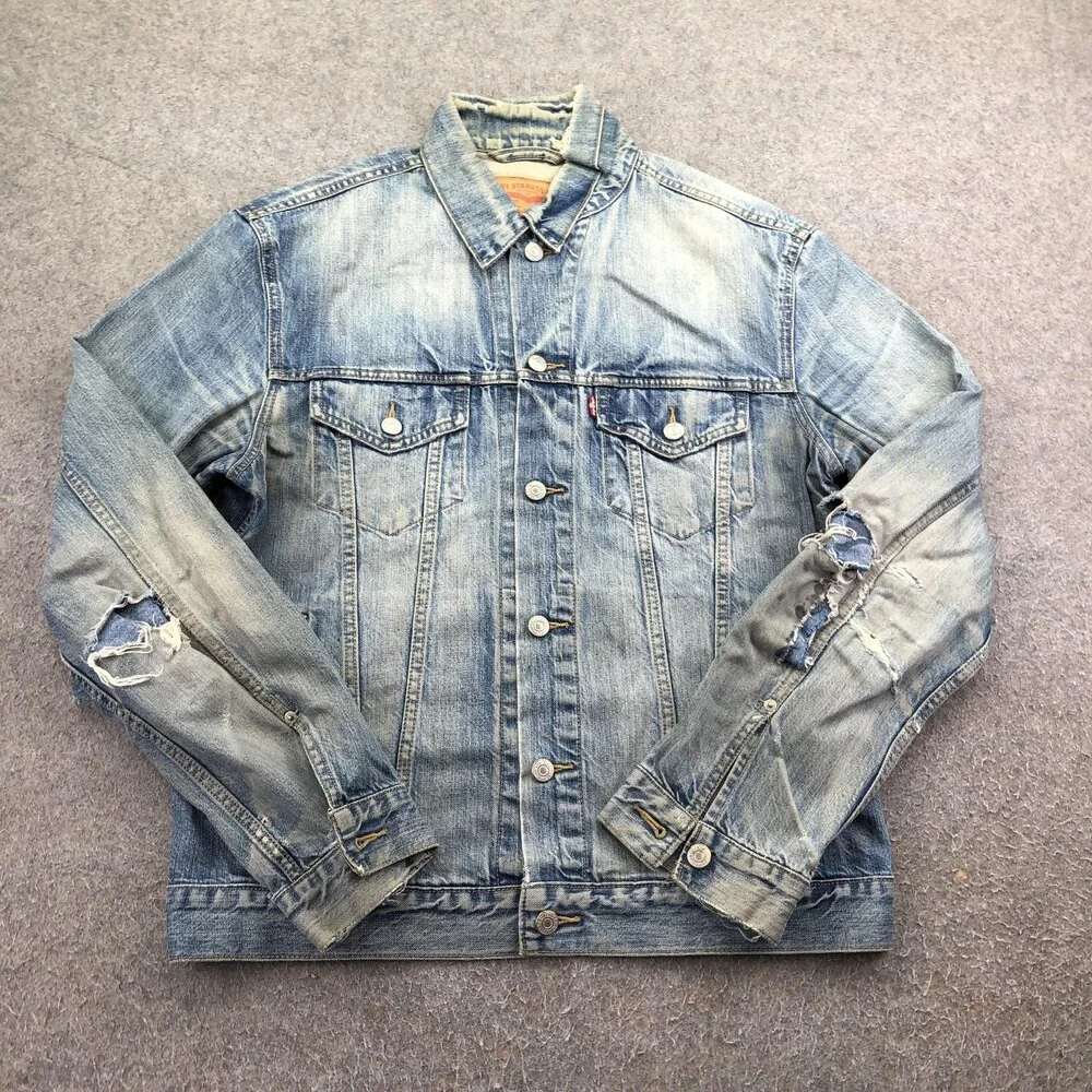 Levi's Jacket Mens Large Blue Denim Bomber Button Ripped Distressed Western